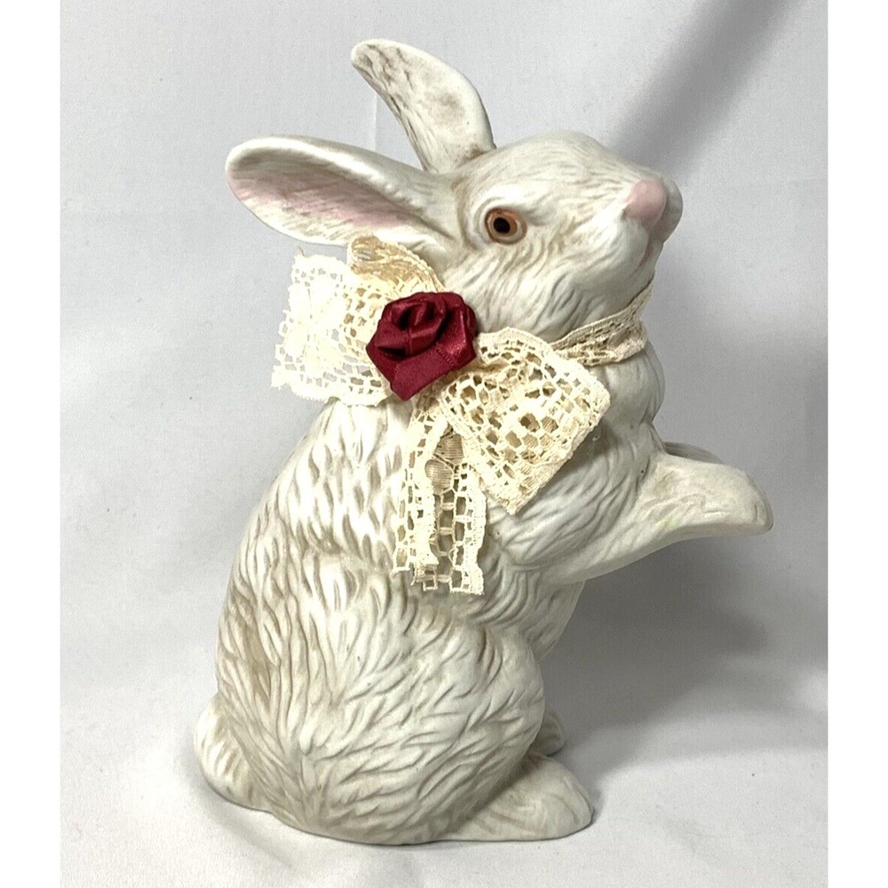 Country Porcelain Rabbit Figurine Vintage Original Box‎ Red Rose Lace Bow Bunny